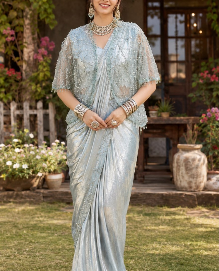 BLUE - Aqua Blue Fancy Fabric Embroidered Work Contemporary Saree